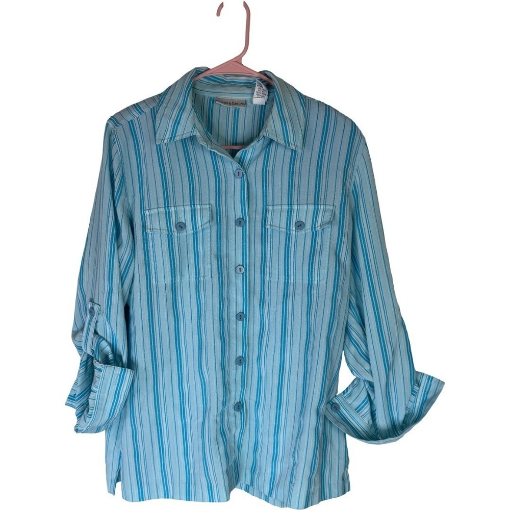 Draper's &‎ Damon's Button Down Shirt Womens L Blue Striped Roll Tab Sleeve Top